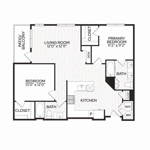 Floor plan for 2 beds, 2 baths, 1071 sqft